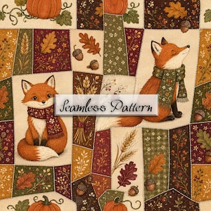 May include: A fabric print featuring a repeating patchwork design with orange foxes wearing patterned scarves, pumpkins, acorns, and autumn leaves in shades of brown, green, and gold. The text Seamless Pattern is centered on the image.