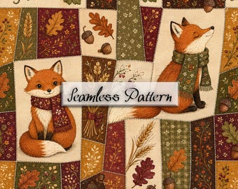 Fall Seamless Pattern with Cute Fox, Autumn Patchwork Woodland Animal Fabric, Digital Paper