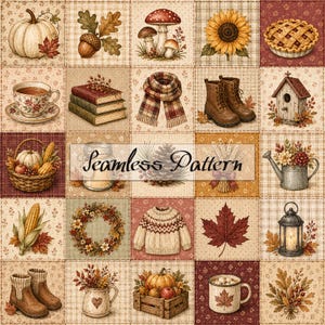 May include: A seamless pattern featuring autumn-themed illustrations including pumpkins, acorns, mushrooms, sunflowers, a pie, a teacup, books, a scarf, boots, a birdhouse, a basket, a jar, a pinecone, wheat, a watering can, corn, a wreath, a sweater, a leaf, a lantern, and a crate.