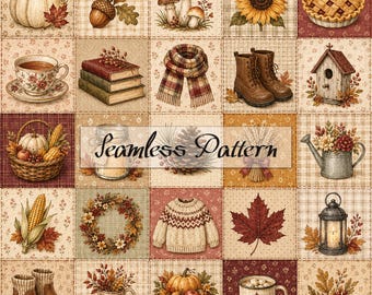 Vintage Fall Patchwork Seamless Pattern, Autumn Digital Paper, Cottagecore Quilt Fabric, Pumpkin Mushroom Maple Leaf Harvest JPG