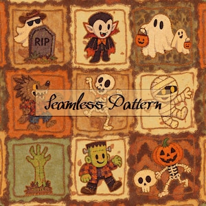 Op de afbeelding: Een naadloos patroon met een raster van Halloween-illustraties, waaronder een geest met een grafsteen, een vampier, twee geesten met pompoenen, een weerwolf, een skelet, een mummie, een groene hand, Frankenstein en een skelet met pompoenkop.