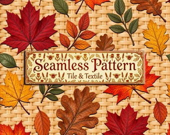 Fall Seamless Pattern, Autumn Leaves Wicker Weave Digital Paper JPG