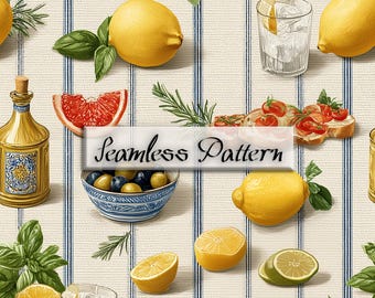 Italian Summer Seamless Pattern, Limoncello Aperitivo Lemon Olive Mediterranean Digital Paper