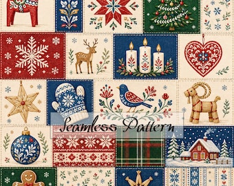 Nordic Christmas Seamless Pattern, Scandinavian Folk Art Patchwork Quilt, Dala Horse Snowflake Christmas Digital Paper Fabric JPG