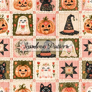 May include: A seamless pattern featuring a grid of squares with illustrations of orange jack-o'-lanterns, black cats, white ghosts with floral details, black witch hats, and black stars on pink gingham or dark green backgrounds with tulips.