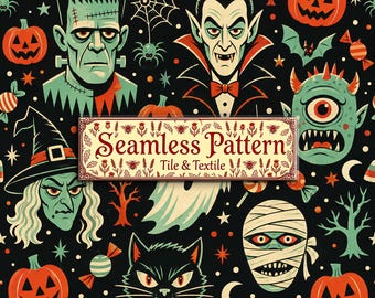 Halloween Seamless Pattern, Retro Monsters Witch Black Cat Pumpkin Digital Paper