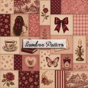 Coquette Shabby Chic Patchwork Seamless Pattern, Vintage Pink Junk Journal Digital Paper, Cottagecore Quilt Fabric, Scrapbook Paper
