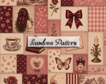 Coquette Shabby Chic Patchwork Seamless Pattern, Vintage Pink Junk Journal Digital Paper, Cottagecore Quilt Fabric, Scrapbook Paper