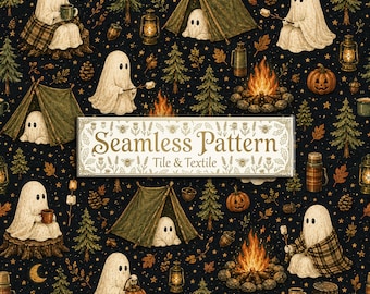 Halloween Seamless Pattern, Cozy Ghost Campfire Camping Pumpkin Digital Paper