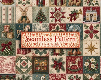Christmas Seamless Pattern, Vintage Toy Shop Quilt Digital Paper, Nutcracker Teddy Bear Rocking Horse