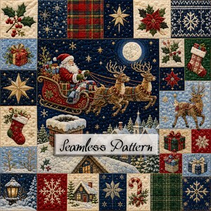 May include: A Christmas-themed quilt featuring a central scene of Santa Claus in a sleigh pulled by reindeer over a snowy village. The border consists of various squares displaying holly, poinsettias, snowflakes, stockings, and gifts.