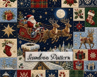 Christmas Seamless Pattern, Santa Sleigh Patchwork Quilt, Navy Reindeer Digital Paper JPG