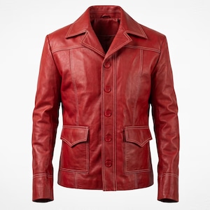 Tyler Durden Red Leather Jacket – Fight Club Project Mayhem Mens Genuine Leather Button Biker Coat | 90s Movie Cosplay Outerwear