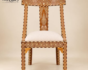 Silla/Sillón auxiliar de madera de teca con incrustaciones de hueso, tallado a mano, silla de comedor de lujo, decoración bohemia para el hogar.