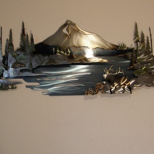 Metal Wall Sculpture of Mountain Scene with Lake and Elk