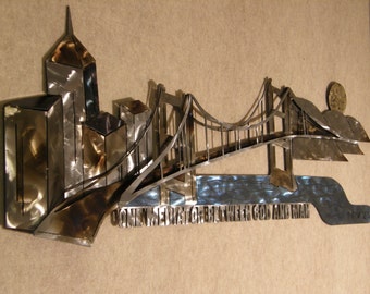 3-D Metal wall sculpture of Cityscape and Bridge with Scripture