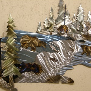 Metal Wall Sculpture of Grizzly Bears Fishing