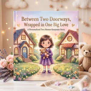 Könnte beinhalten: Ein gebundenes Buch mit dem Titel Between Two Doorways, Wrapped in One Big Love, A Personalized Two Homes Keepsake Story. Das Cover zeigt eine Illustration eines Kindes in einem lila Kleid, das einen Teddybären zwischen zwei Häusern hält.