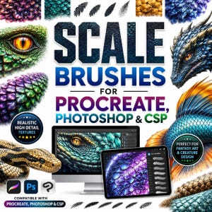May include: A digital product advertisement for scale brushes compatible with Procreate, Photoshop, and CSP. The image features various dragon and snake skin textures, a computer monitor, and a tablet displaying digital art and brush settings.