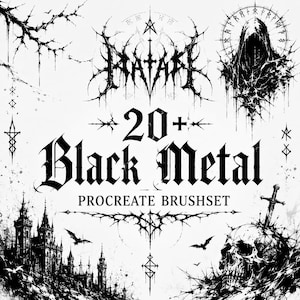 Op de afbeelding: Een digitale afbeelding met de tekst 20+ Black Metal PROCREATE BRUSHSET. Het ontwerp bevat zwarte inktillustraties van een figuur met een kap, een schedel met een zwaard, een gotisch kasteel, vleermuizen en diverse scherpe, doornige en runensymbolen.
