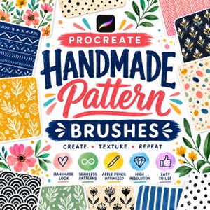 Puede incluir: Un anuncio de producto digital para pinceles de patrones hechos a mano para Procreate con texto en negrita y muestras de patrones coloridos que incluyen diseños florales, geométricos, de lunares y de rayas. El gráfico incluye iconos para aspecto hecho a mano, patrones sin costuras, optimización para Apple Pencil, alta resolución y facilidad de uso.
