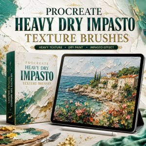 Pode incluir: Um conjunto de produtos digitais intitulado Procreate Heavy Dry Impasto Texture Brushes com um tablet exibindo uma pintura de paisagem costeira com texturas de tinta espessa, uma caixa correspondente e uma espátula com tinta.