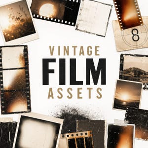 May include: A collection of vintage film assets featuring various photographic film strips, frames, and textures arranged around the central text VINTAGE FILM ASSETS. The elements include sepia-toned landscapes, light leaks, and film countdown markers.
