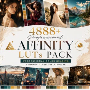Peut inclure: Une publicité pour un produit numérique intitulée 4888+ Professional AFFINITY LUTs PACK PROFESSIONAL COLOR GRADING CINEMATIC CREATIVE MODERN. Le graphique présente un collage de huit scènes photographiques variées et des palettes de couleurs.