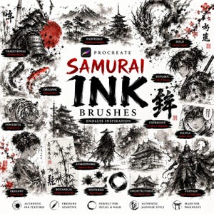 Op de afbeelding: Een digitale kunstset getiteld Procreate Samurai Ink Brushes met zwart-witte illustraties in inktstijl van een samoerai, draak, tijger, pagode en bamboe. De afbeelding bevat tekstlabels zoals Painterly, Bold, Dynamic en Expressive.