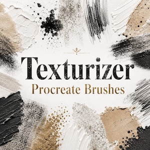 Könnte beinhalten: Eine digitale Grafik mit dem Text Texturizer Procreate Brushes in schwarzer und goldener Schrift, umgeben von verschiedenen künstlerischen Texturen in Schwarz, Weiß, Beige und Gold, einschließlich Pinselstrichen, Spritzern und Webmustern.