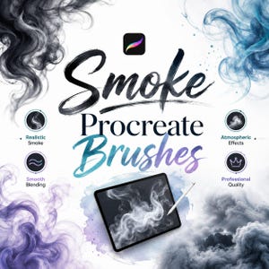 Könnte beinhalten: Ein digitales Set von Procreate-Pinseln mit dem Text Smoke Procreate Brushes. Das Design zeigt wirbelnde Wolken aus schwarzem, blauem, violettem und grauem Rauch, ein Tablet mit einem weißen Raucheffekt und einen Eingabestift.