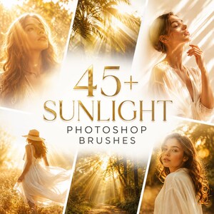 May include: A digital collection of 45+ sunlight Photoshop brushes featuring various golden hour lighting effects, sun flares, and natural light rays displayed over multiple photographic examples of people and landscapes in warm tones.