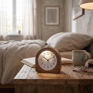 May include: An arched wooden alarm clock with a white face, black numerals, and black hands. The clock features an integrated light that illuminates the dial, a silver-toned button on the top, and a smooth, dark brown wood grain finish on the exterior.