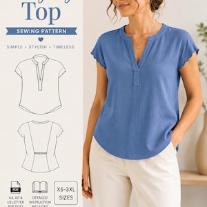 Puede incluir: Un patrón de costura para una blusa azul con escote dividido y mangas cortas festoneadas. El documento incluye dibujos lineales del frente y la espalda, iconos de archivos PDF para A4, A0 y US letter, y un rango de tallas de XS a 3XL.