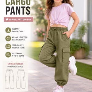 May include: A digital sewing pattern for kids cargo pants, featuring text that reads Kids Cargo Pants, Sewing Pattern PDF, Instant Download, A0, A4, US Letter Size Included, Step-by-Step Instructions, Sizes from 1 to 15 Years, and Unisex Design.