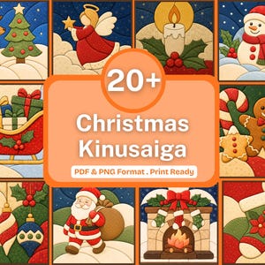 Könnte beinhalten: Eine Sammlung von über 20 weihnachtlichen Kinusaiga-Mustern im PDF- und PNG-Format. Die Bilder zeigen festliche Motive wie ein Rentier, einen Engel, eine Kerze, einen Schneemann, einen Schlitten, einen Lebkuchenmann, Weihnachtskugeln, den Weihnachtsmann, einen Kamin und einen Weihnachtsstrumpf.