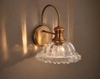 Vintage Brass Glass Wall Sconce, Antique Bathroom Vanity Light, Retro Bedside Lamp