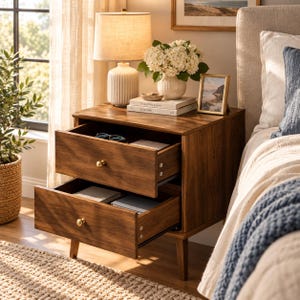 May include: A dark wood nightstand with two open drawers featuring round brass knobs. The top surface holds a ribbed white table lamp, a white vase with white flowers, two stacked books labeled The Kinfolk Home and At Home, and a small picture frame.