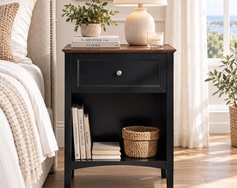 1 Drawer Nightstand | Arched Leg Wood Bedside Table | Farmhouse Accent Table with Open Shelf Storage