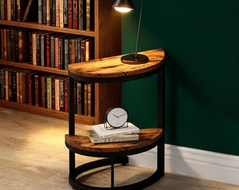 Half Moon Console Table | Rustic Industrial Wood Metal Entryway Shelf | Small Space Sofa & Side Storage Shelf | Wood and metal decor