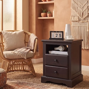 Farmhouse Nightstand with Charging Station | Wood Bedside Table 2 Drawer | Rustic Oak End Table with USB Outlet & Open Shelf