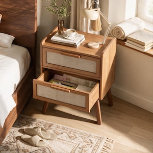 May include: A wooden nightstand featuring two drawers with light-colored woven cane panels and horizontal wooden handles. The nightstand stands on four tapered legs and has a smooth top surface holding a small lamp, a book, and a cup.