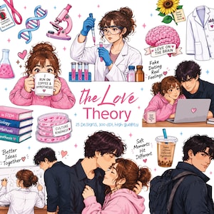 Può includere: Un set di illustrazioni digitali intitolato The Love Theory con personaggi in stile anime in camice da laboratorio e abbigliamento casual, attrezzature scientifiche come microscopi, filamenti di DNA, piastre di Petri e tazze con testo incluso.