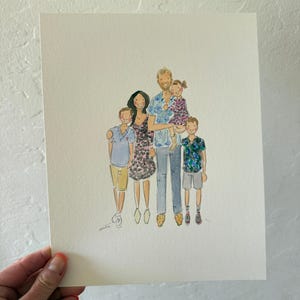 May include: Watercolor portrait of a family of five. The artwork depicts two adults and three children, each wearing different outfits. The family is standing close together, with the youngest child being held by one of the adults. The style is soft and colorful.
