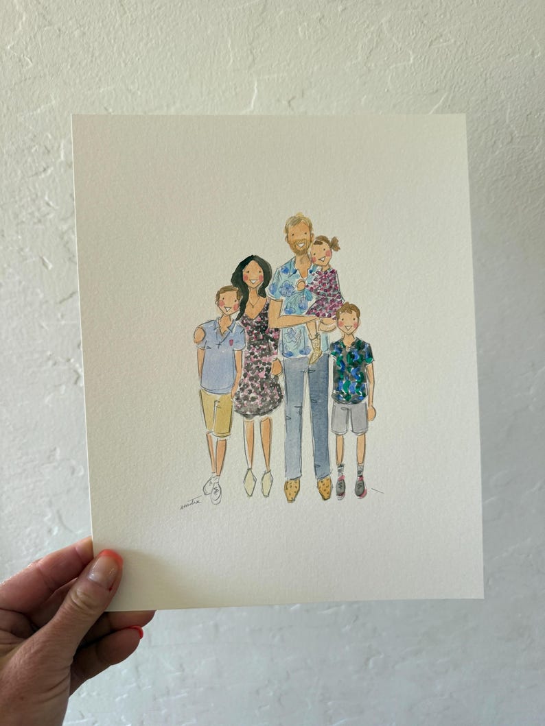 May include: Watercolor portrait of a family of five. The artwork depicts two adults and three children, each wearing different outfits. The family is standing close together, with the youngest child being held by one of the adults. The style is soft and colorful.
