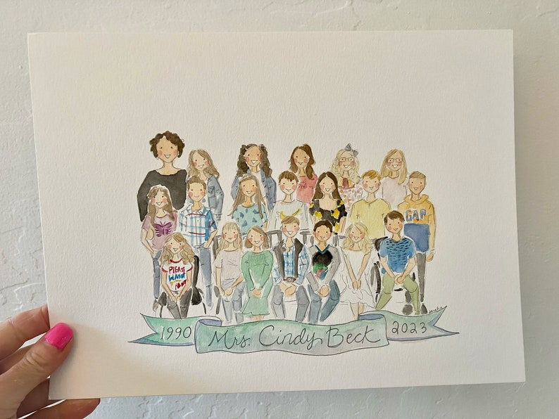 May include: Watercolor portrait of a group of people, likely a class or group of friends, with the text "1990 Mrs. Cindy Beck 2023" on a banner. The artwork features a variety of clothing styles and hairstyles.