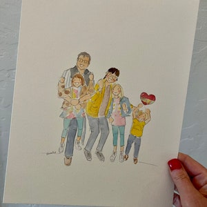 May include: Watercolor illustration of a family of five, with two adults and three children. The artwork features soft colors and depicts the family in casual attire, with one child holding a heart-shaped balloon. The artwork is signed "Sarah x".