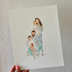 May include: Watercolor family portrait on paper. The artwork depicts a family of four, with the parents and two children. The style is soft and illustrative, with muted colors. The family is dressed in casual attire. The artwork is signed in the bottom right corner.