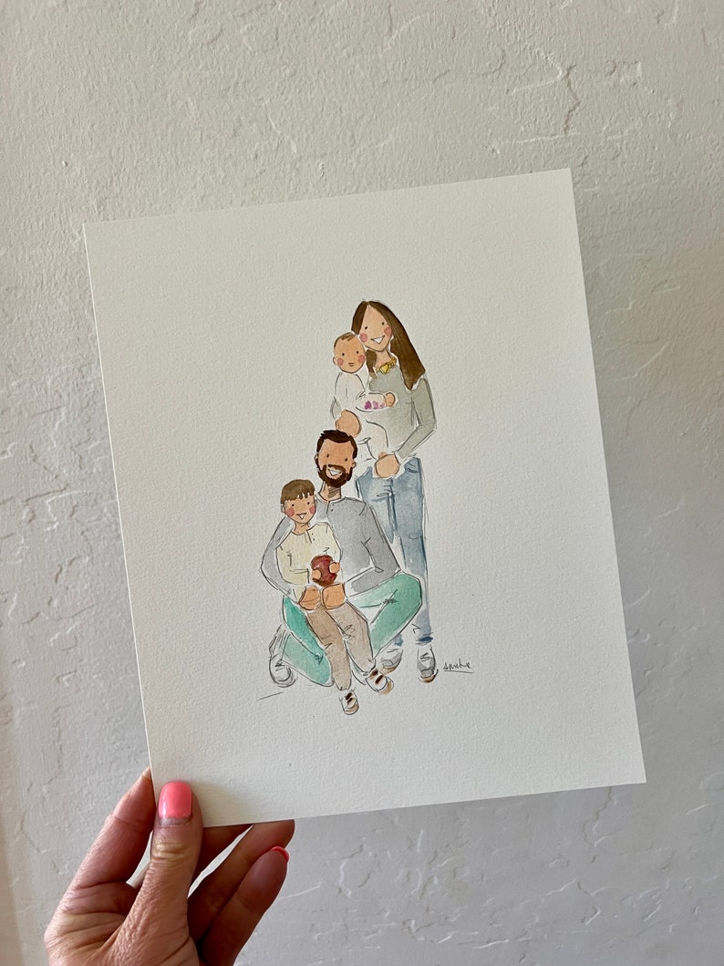 May include: Watercolor family portrait on paper. The artwork depicts a family of four, with the parents and two children. The style is soft and illustrative, with muted colors. The family is dressed in casual attire. The artwork is signed in the bottom right corner.
