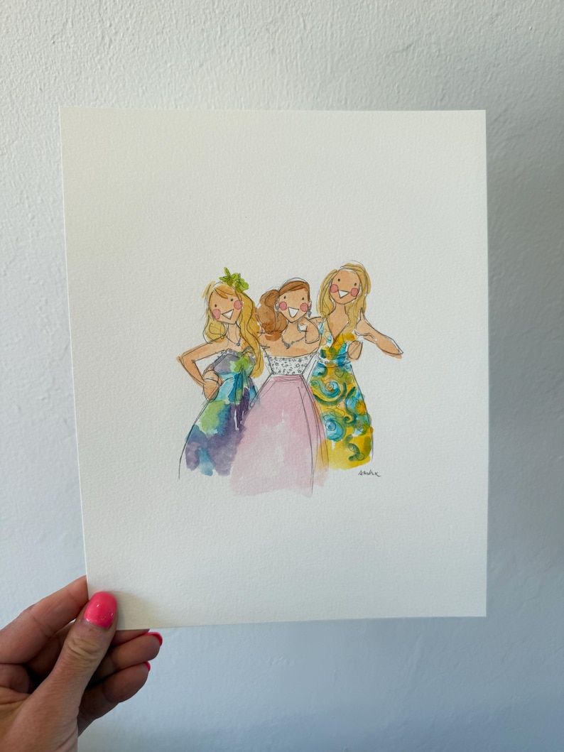 May include: Watercolor illustration of three women in colorful dresses. The women are depicted with blonde hair and are smiling. The dresses are in shades of blue, pink, and yellow with floral patterns. The artwork is on a white background.